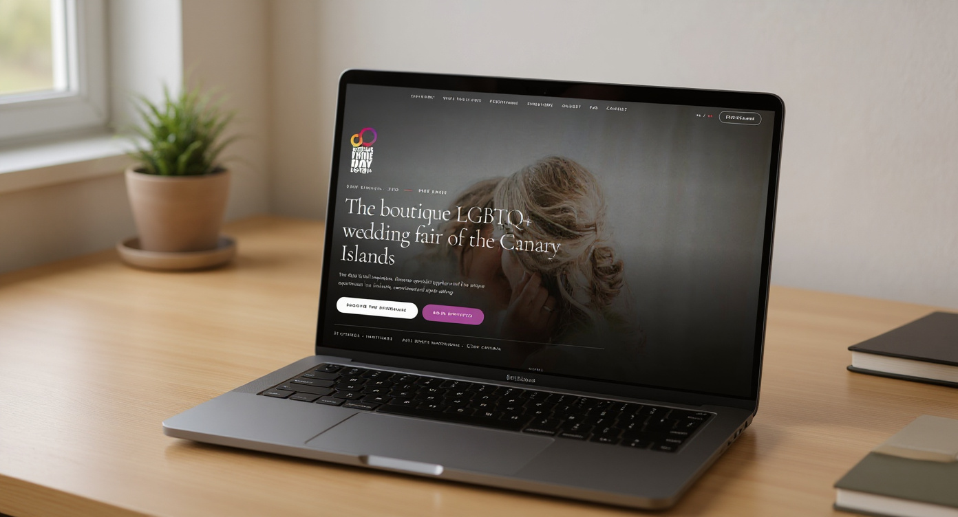 La web de Wedding Pride Canarias en un portátil, sobre un escritorio